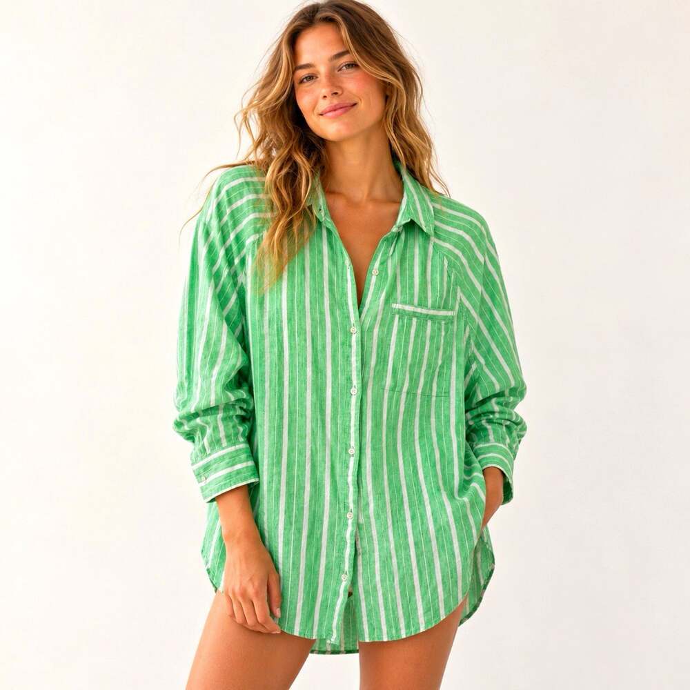 Aerie Pool To Party Linen Blend Celebrity Green Striped Cover Up Shirt Womens XS